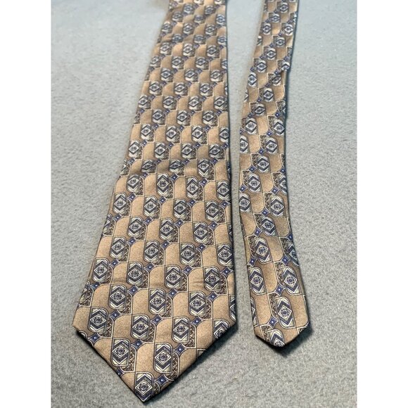 Stafford Mens Silk Tie Brown Blue Geometric Print Made in USA - Picture 5 of 5
